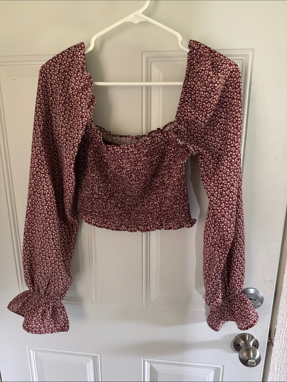 Unknown Brand Burgundy Floral Long Sleeve Smocked Crop Top